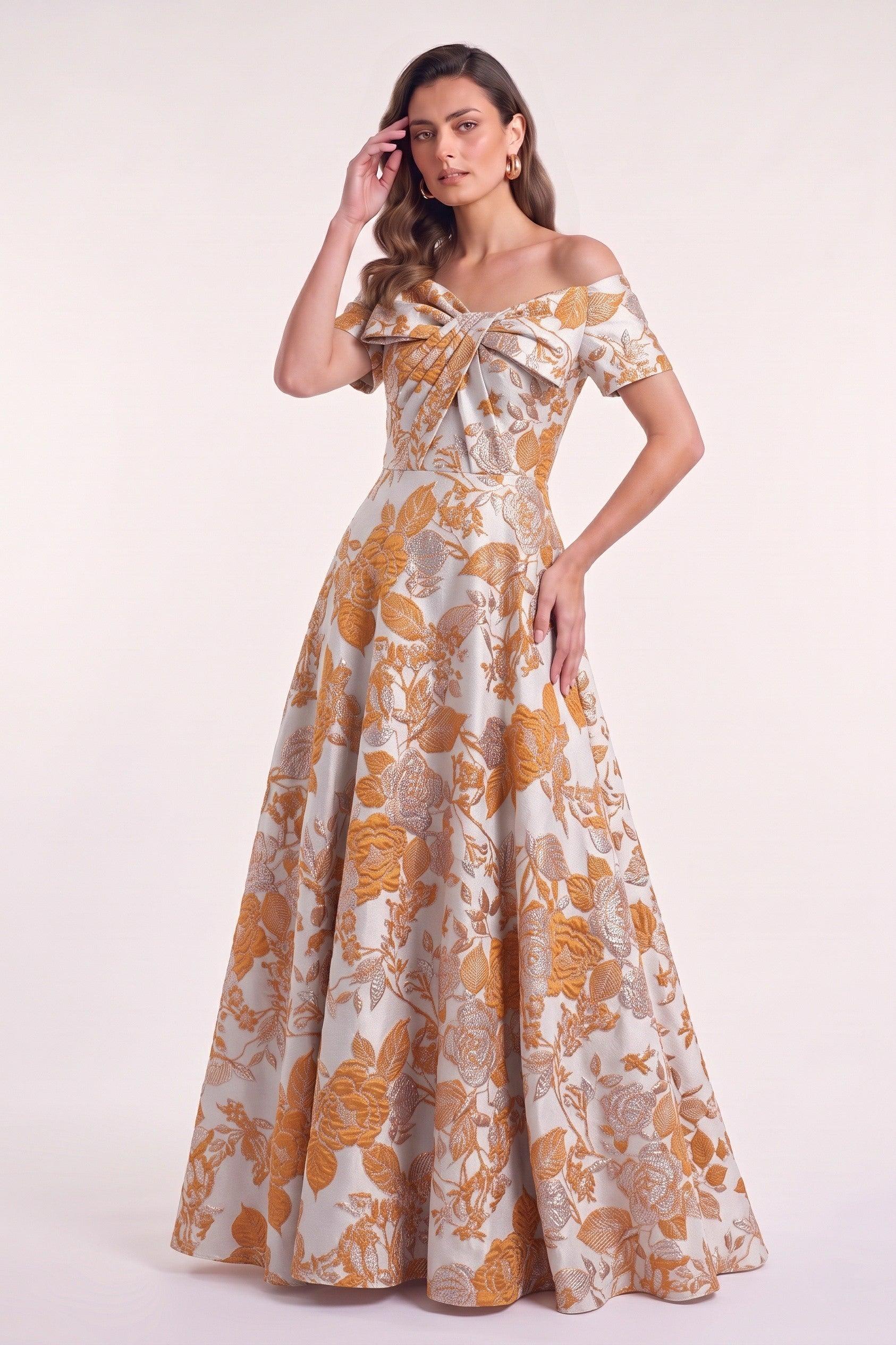 A-Line Floor Length Jacquard Mother of the Bride Dress CM0481 - Orange - COCOMELODY